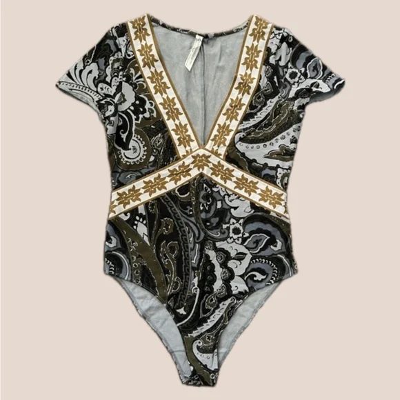 Like New! ✵☽Free People☾✵ Vintage V-Neck Black Gray VNTG Army Bodysuit | Small - Picture 6 of 13